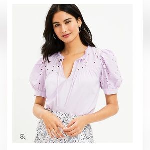 Loft Eyelet Tie Neck Puff Sleeve Top